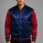 Navy Blue Burgundy Satin Varsity Jacket Mens Coral Satin Lining