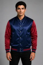 Navy Blue Burgundy Satin Varsity Jacket Mens Coral Satin Lining