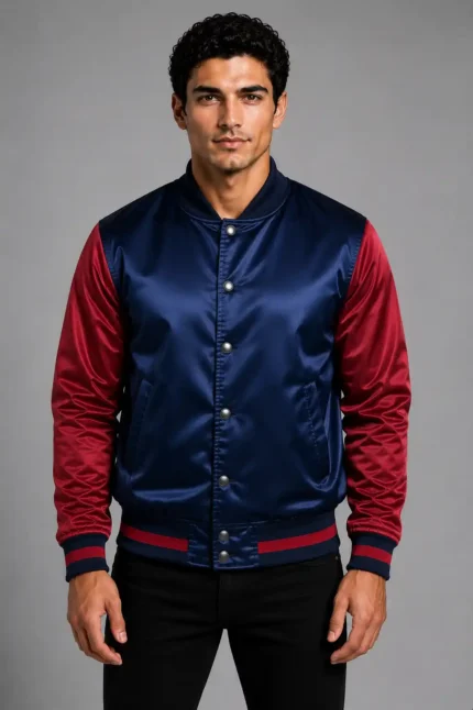 Navy Blue Burgundy Satin Varsity Jacket Mens Coral Satin Lining