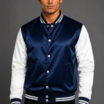 Navy Blue White Satin Varsity Jacket Mens Sky Blue Satin Lining