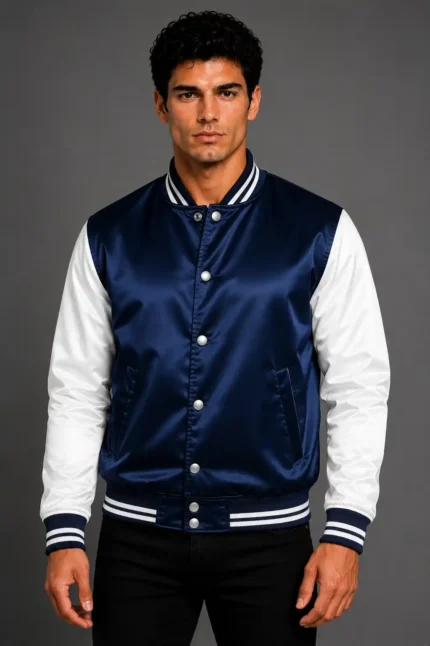 Navy Blue White Satin Varsity Jacket Mens Sky Blue Satin Lining