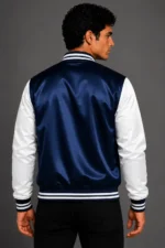 Navy Blue White Satin Varsity Jacket Mens Sky Blue Satin Lining For Sale
