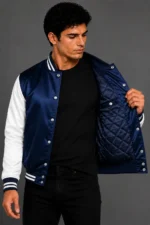 Navy Blue White Satin Varsity Jacket Mens Sky Blue Satin Lining On Sale
