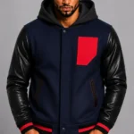 Navy Hooded Varsity Jacket Black Leather Sleeves Red Chest Patch