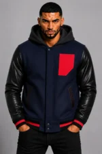 Navy Hooded Varsity Jacket Black Leather Sleeves Red Chest Patch