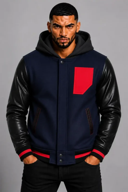 Navy Hooded Varsity Jacket Black Leather Sleeves Red Chest Patch