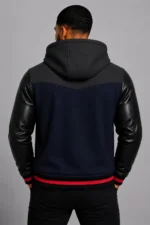 Navy Hooded Varsity Jacket Black Leather Sleeves Red Chest Patch For Sale