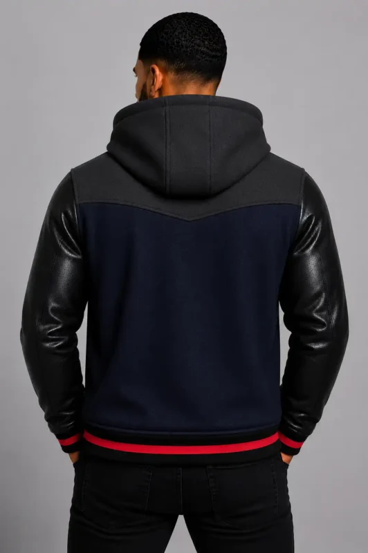 Navy Hooded Varsity Jacket Black Leather Sleeves Red Chest Patch For Sale