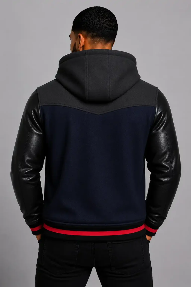 Navy Hooded Varsity Jacket Black Leather Sleeves Red Chest Patch For Sale