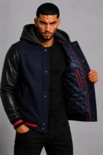 Navy Hooded Varsity Jacket Black Leather Sleeves Red Chest Patch On Sale