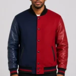 Navy Red Split Varsity Jacket Leather Sleeves Black Ribbing