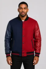 Navy Red Split Varsity Jacket Leather Sleeves Black Ribbing