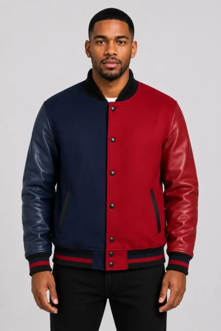 Navy Red Split Varsity Jacket Leather Sleeves Black Ribbing
