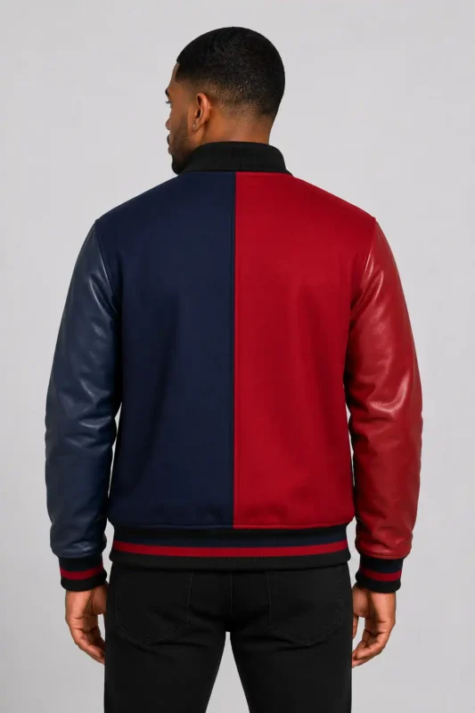 Navy Red Split Varsity Jacket Leather Sleeves Black Ribbing For SALE