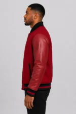 Navy Red Split Varsity Jacket Leather Sleeves Black Ribbing On Sale
