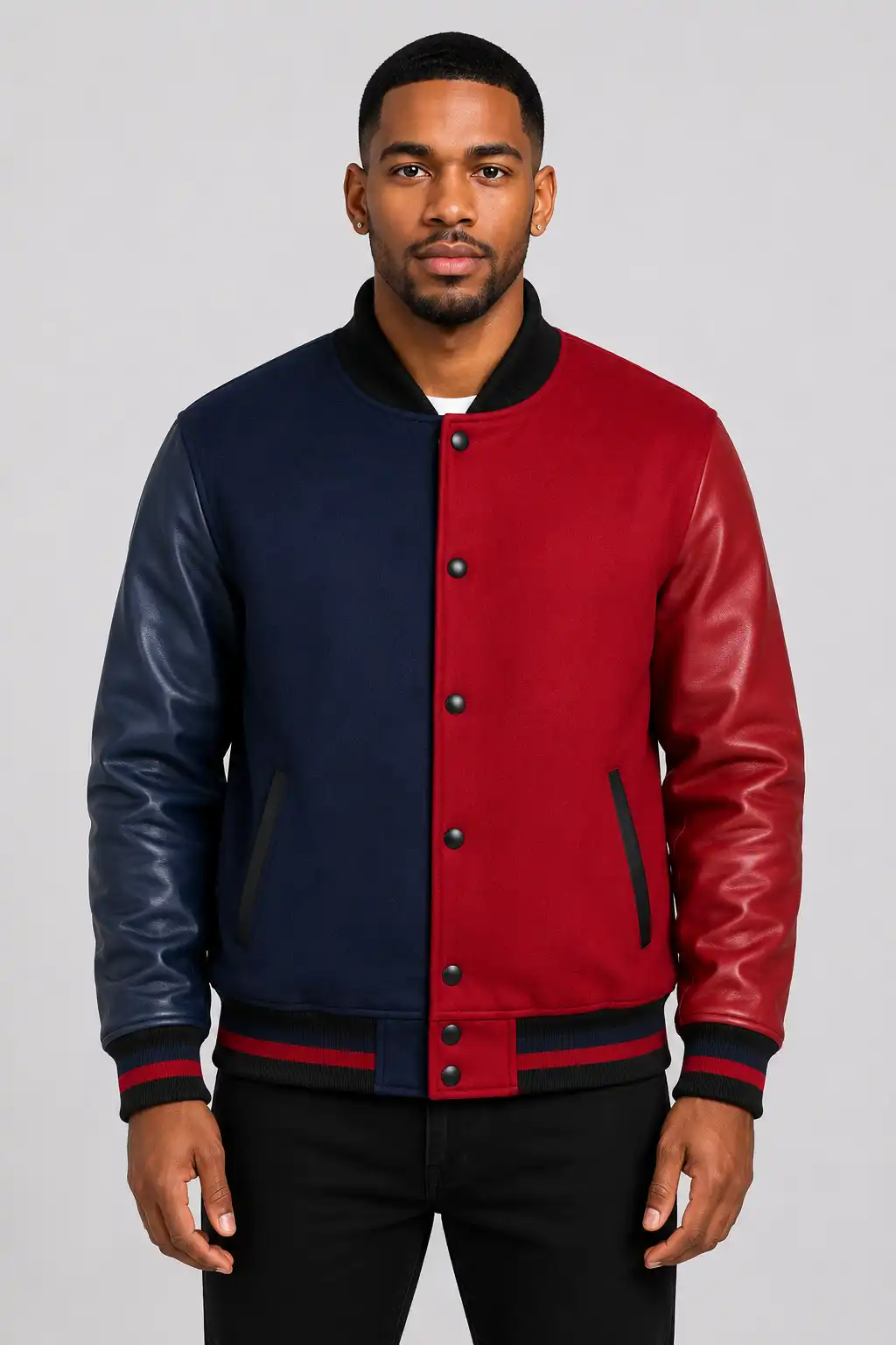 Navy Red Split Varsity Jacket Leather Sleeves Black Ribbing Navy Red Split Varsity Jacket Leather Sleeves Black Ribbing