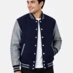 Navy Wool Varsity Jacket Grey Sleeves Navy Grey Striped Ribbing