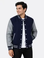 Navy Wool Varsity Jacket Grey Sleeves Navy Grey Striped Ribbing