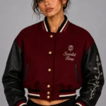 Noir Rose Embroidered Cropped Varsity Jacket Women Scarlet Burgundy