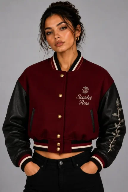 Noir Rose Embroidered Cropped Varsity Jacket Women Scarlet Burgundy