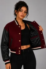 Noir Rose Embroidered Cropped Varsity Jacket Women Scarlet Burgundy For Sale
