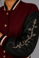 Noir Rose Embroidered Cropped Varsity Jacket Women Scarlet Burgundy On Sale