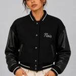 Noir Script Embroidered Cropped Varsity Jacket Women All Black