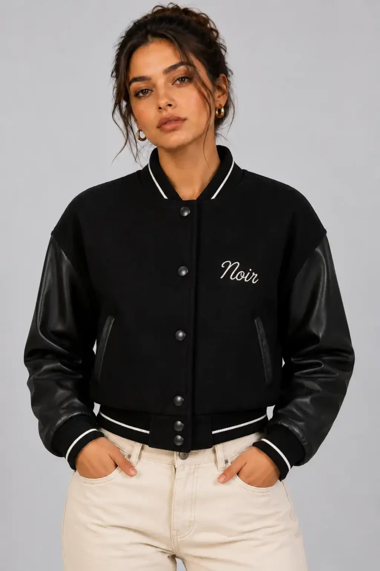 Noir Script Embroidered Cropped Varsity Jacket Women All Black