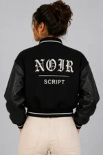 Noir Script Embroidered Cropped Varsity Jacket Women All Black For Sale