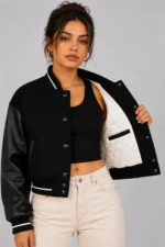 Noir Script Embroidered Cropped Varsity Jacket Women All Black On Sale