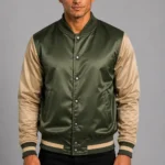 Olive Green Tan Satin Varsity Jacket Mens Olive Satin Lining