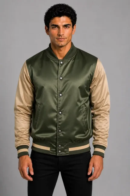 Olive Green Tan Satin Varsity Jacket Mens Olive Satin Lining
