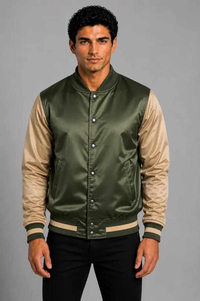 Olive Green Tan Satin Varsity Jacket Mens Olive Satin Lining