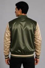 Olive Green Tan Satin Varsity Jacket Mens Olive Satin Lining For Sale