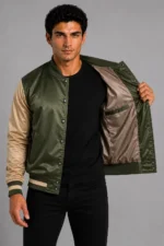 Olive Green Tan Satin Varsity Jacket Mens Olive Satin Lining On Sale