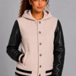 Pale Blush Black Leather Hooded Womens Varsity Jacket Blush Rib