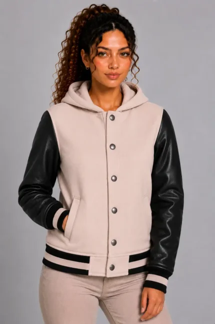 Pale Blush Black Leather Hooded Womens Varsity Jacket Blush Rib