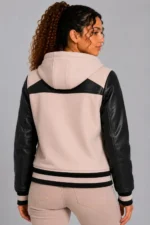 Pale Blush Black Leather Hooded Womens Varsity Jacket Blush Rib For Sale