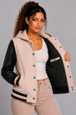 Pale Blush Black Leather Hooded Womens Varsity Jacket Blush Rib On Sale