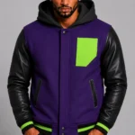 Purple Hooded Varsity Jacket Black Leather Neon Green Chest Patch