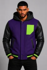 Purple Hooded Varsity Jacket Black Leather Neon Green Chest Patch