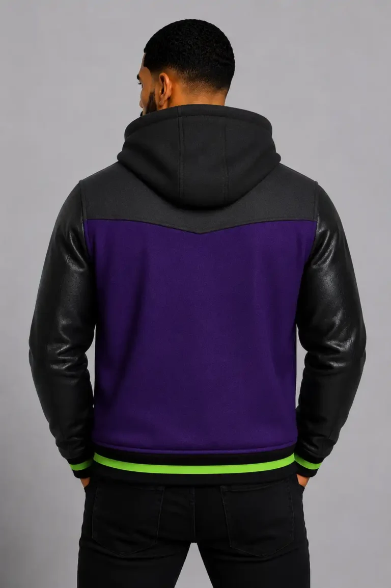 Purple Hooded Varsity Jacket Black Leather Neon Green Chest Patch For Sale