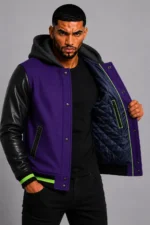 Purple Hooded Varsity Jacket Black Leather Neon Green Chest Patch On Sale