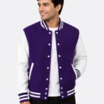 Purple Wool Varsity Jacket Leather Sleeves Purple White Ribbing