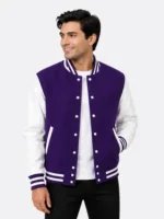 Purple Wool Varsity Jacket Leather Sleeves Purple White Ribbing