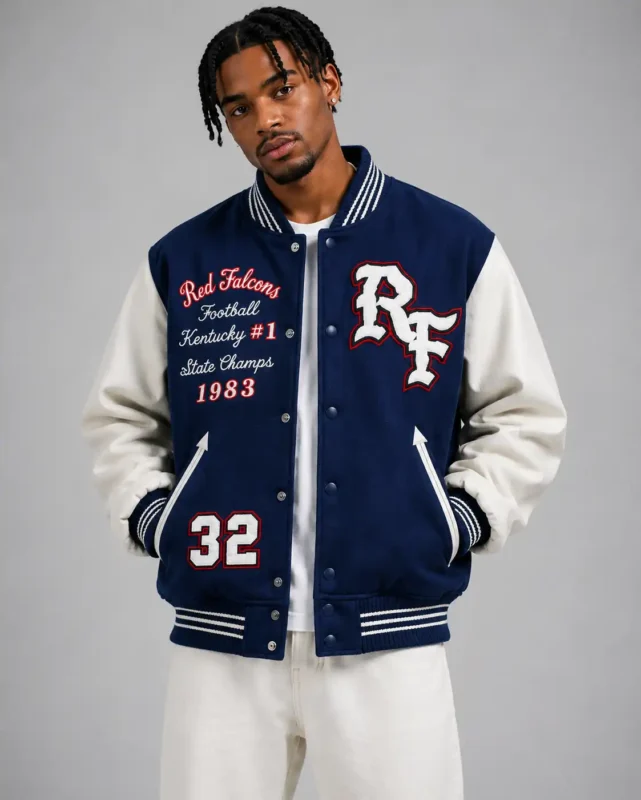 Red Falcons Football Exclusive Navy Wool Varsity Jacket Patches