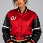 Red Velocity Embroidered Cropped Varsity Jacket Women Matte Red Satin