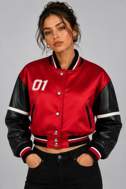 Red Velocity Embroidered Cropped Varsity Jacket Women Matte Red Satin