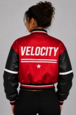 Red Velocity Embroidered Cropped Varsity Jacket Women Matte Red Satin For Sale