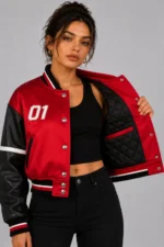 Red Velocity Embroidered Cropped Varsity Jacket Women Matte Red Satin On Sale